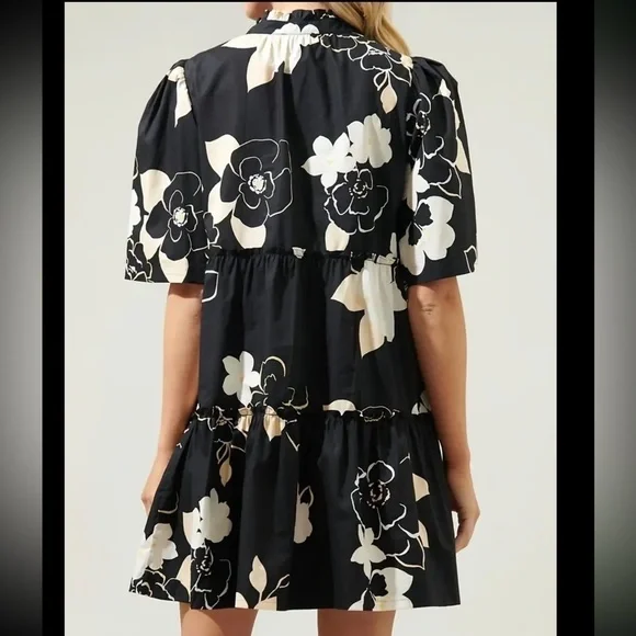 Floral Notch Neck Dress with Elegant Puff Sleeves - Flowy Ruffle Hem - Picture 2 of 3